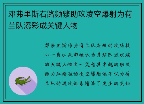 邓弗里斯右路频繁助攻凌空爆射为荷兰队添彩成关键人物