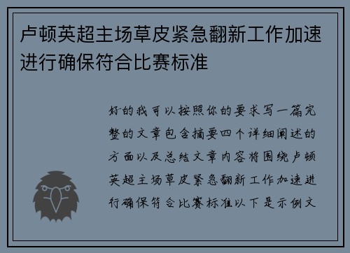 卢顿英超主场草皮紧急翻新工作加速进行确保符合比赛标准